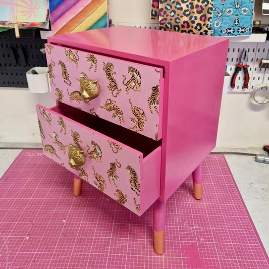 Pink Tiger square bedside table, two drawers, ideal nightstand. Flamingo and baby pink with gold. Customisable