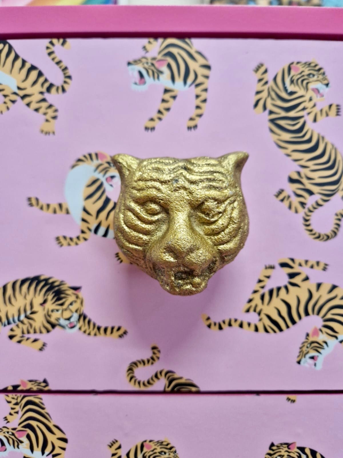 Pink Tiger square bedside table, two drawers, ideal nightstand. Flamingo and baby pink with gold. Customisable