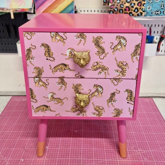 Pink Tiger square bedside table, two drawers, ideal nightstand. Flamingo and baby pink with gold. Customisable