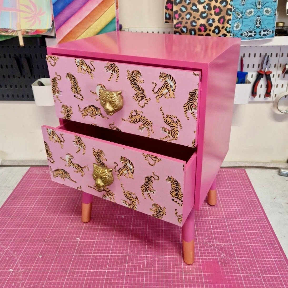 Pink Tiger square bedside table, two drawers, ideal nightstand. Flamingo and baby pink with gold. Customisable