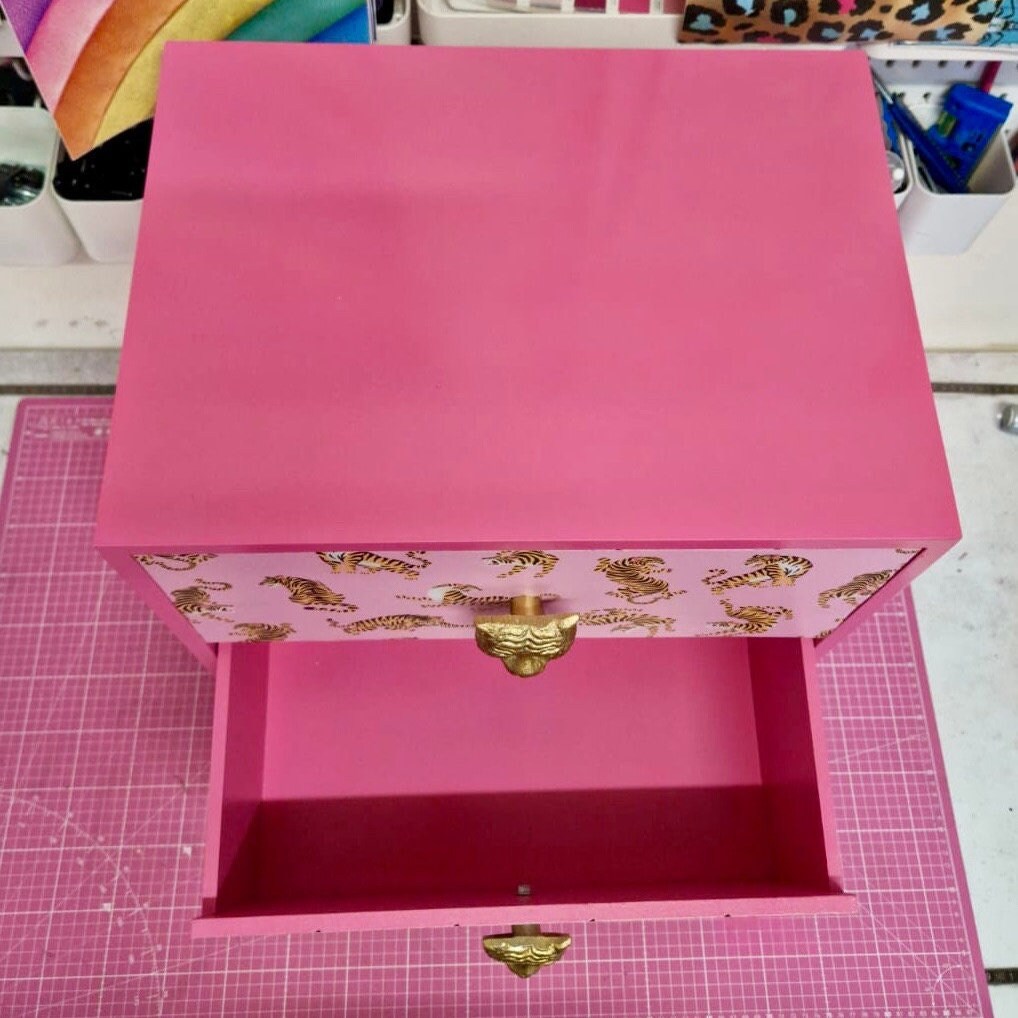 Pink Tiger square bedside table, two drawers, ideal nightstand. Flamingo and baby pink with gold. Customisable