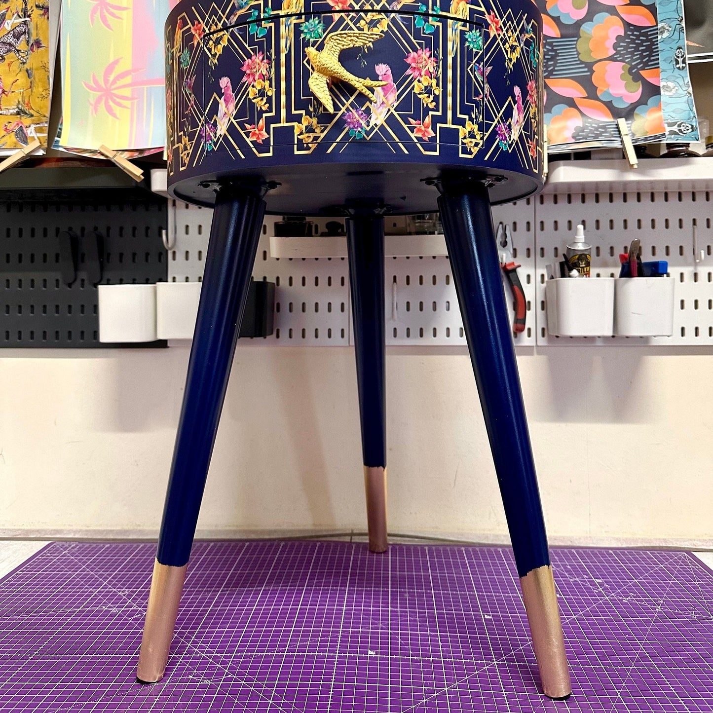 Art Deco Birds - Navy blue, bedside table,  gold and pink bird design. Bedroom nightstand, colourful bedside end table. Taller legs with drawer