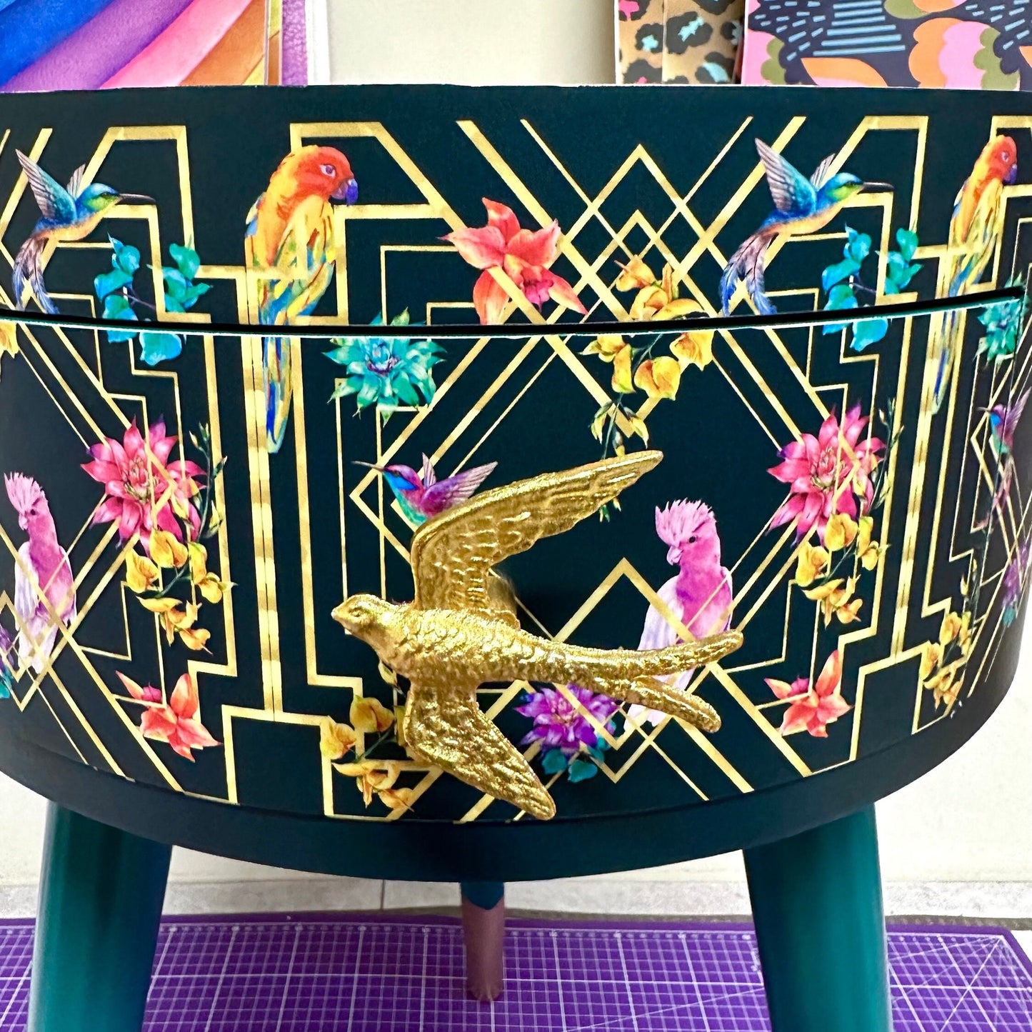 Art Deco Birds - Emerald green, bedside table, gold and pink bird design. Bedroom nightstand, colourful bedside end table.
