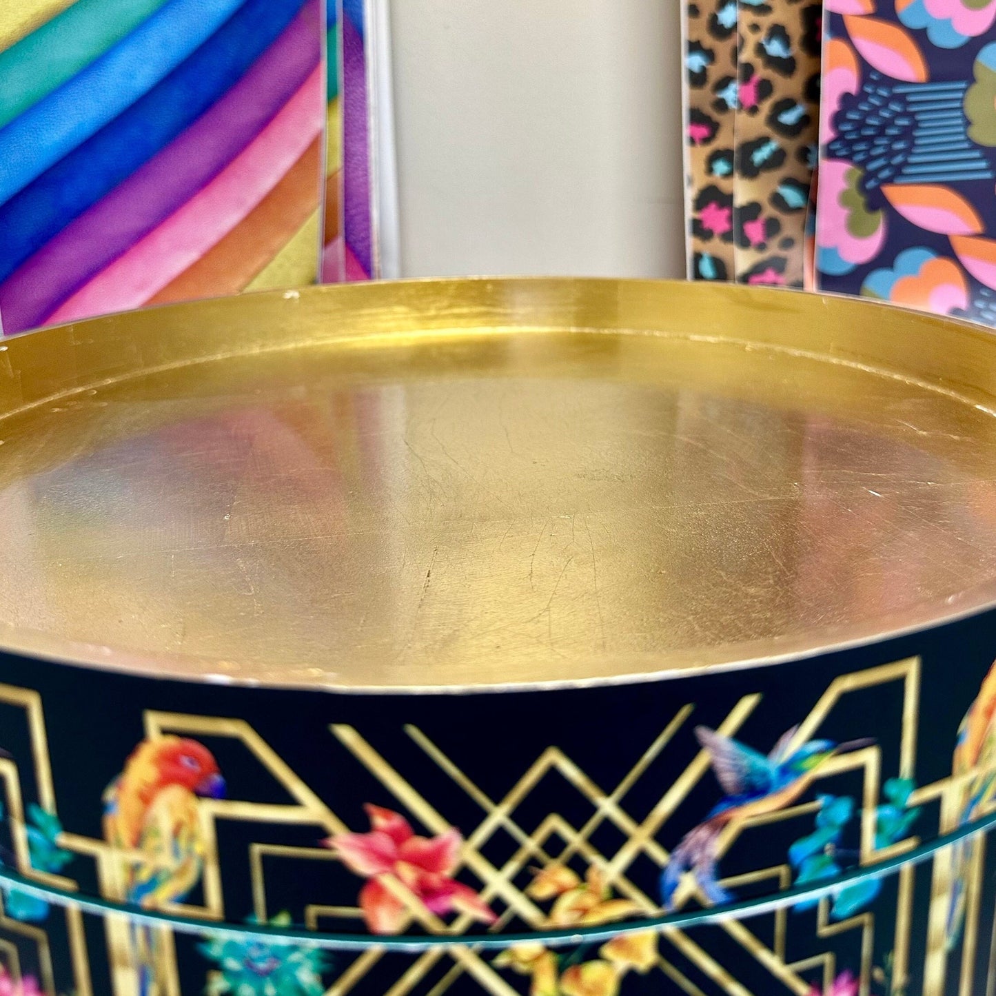 Art Deco Birds - Emerald green, bedside table, gold and pink bird design. Bedroom nightstand, colourful bedside end table.