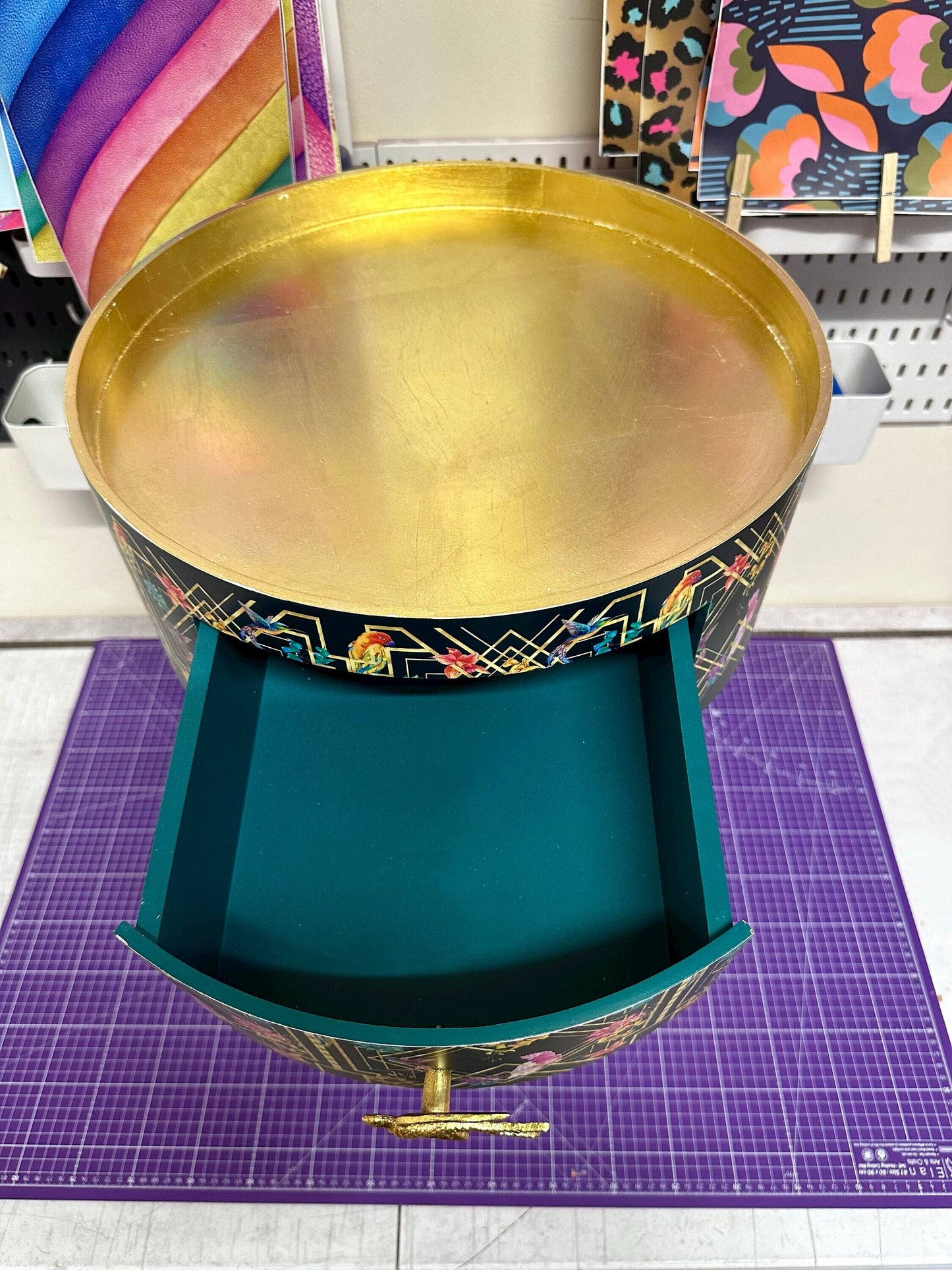 Art Deco Birds - Emerald green, bedside table, gold and pink bird design. Bedroom nightstand, colourful bedside end table.