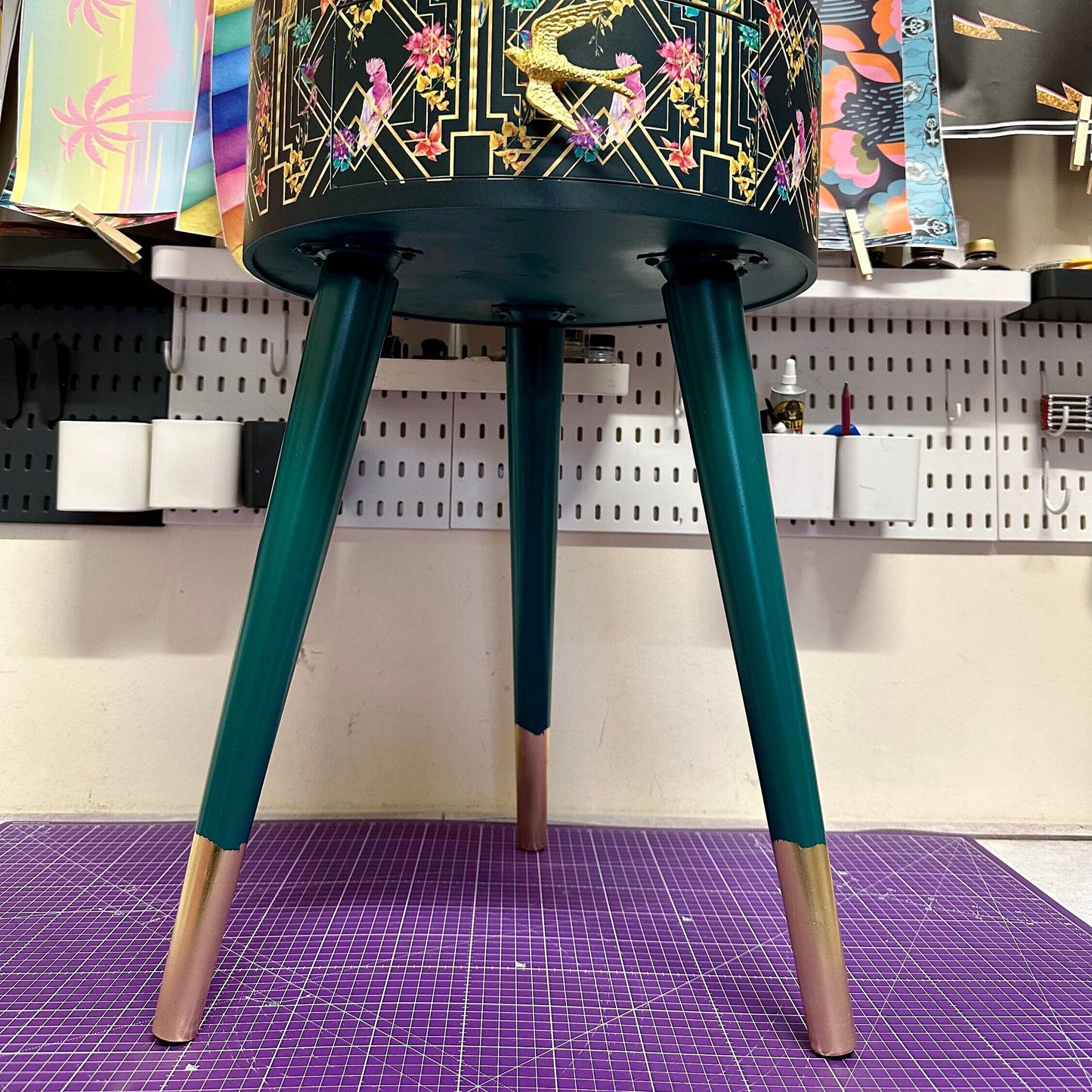 Art Deco Birds - Emerald green, bedside table, gold and pink bird design. Bedroom nightstand, colourful bedside end table.