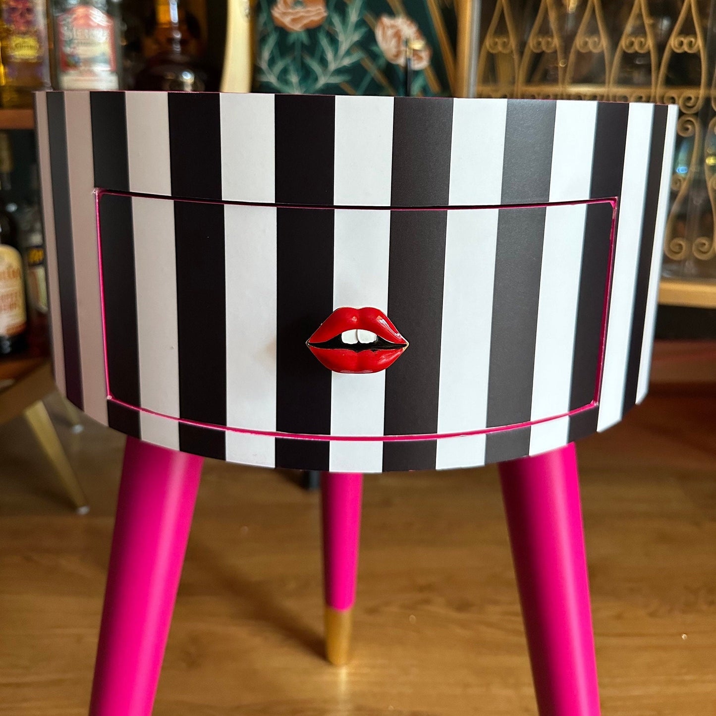 Striped - Black and White with Hot Pink bedside table. Hot pink top and legs, stripe nightstand, colourful end table , taller legs