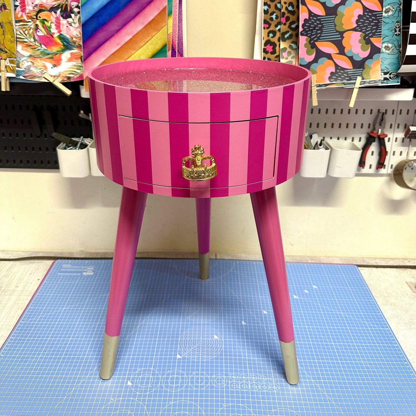 Striped - Hot Pink and Light Pink bedside table. Glitter top, stripe nightstand, colourful end table , taller legs, crown handle, queen