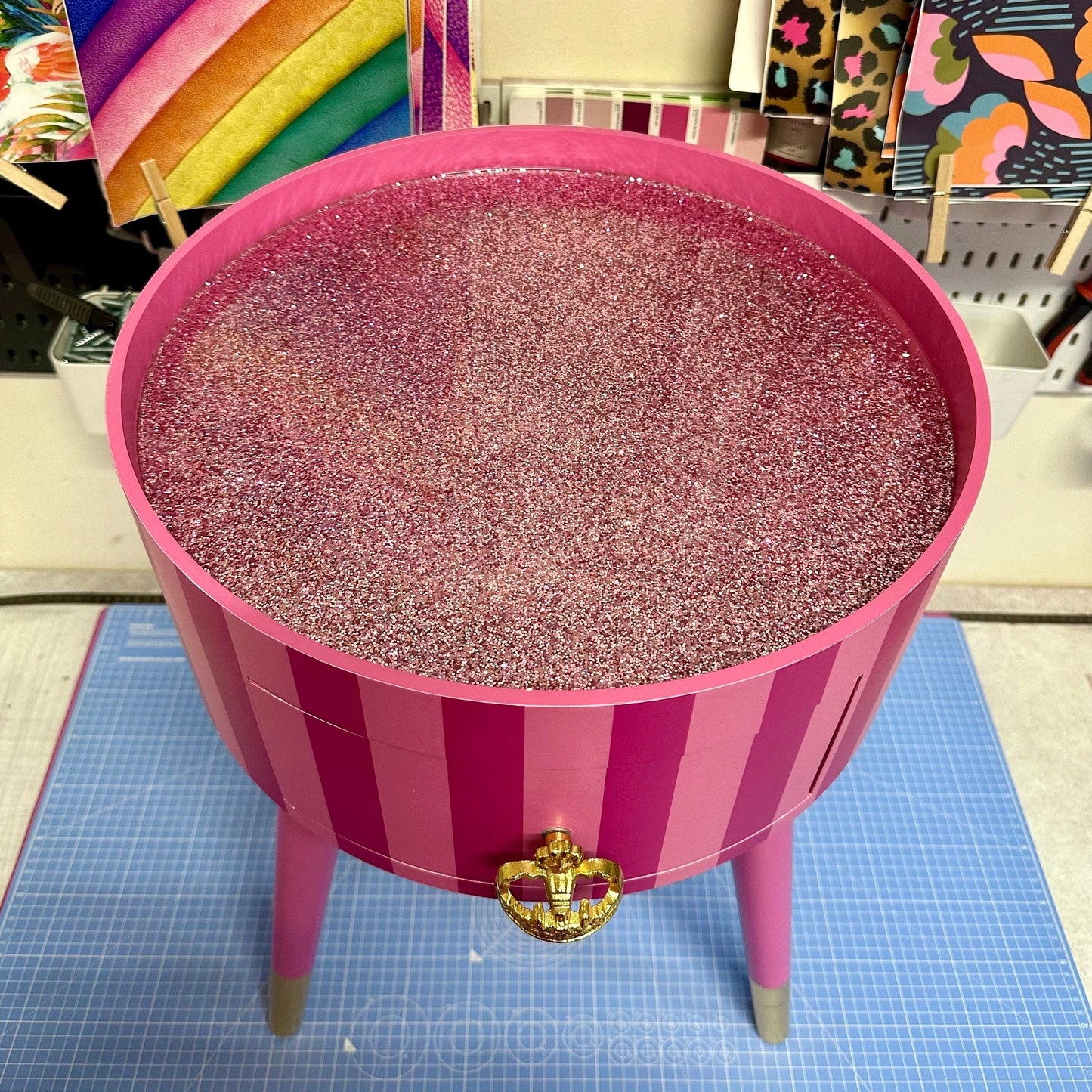 Striped - Hot Pink and Light Pink bedside table. Glitter top, stripe nightstand, colourful end table , taller legs, crown handle, queen