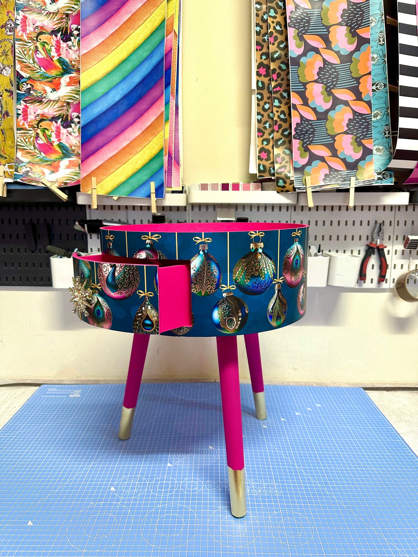 Christmas - Hot pink and glitter Christmas round side table , teal emerald green peacock design with jewel colours.   Nightstand. Hanukkah end table