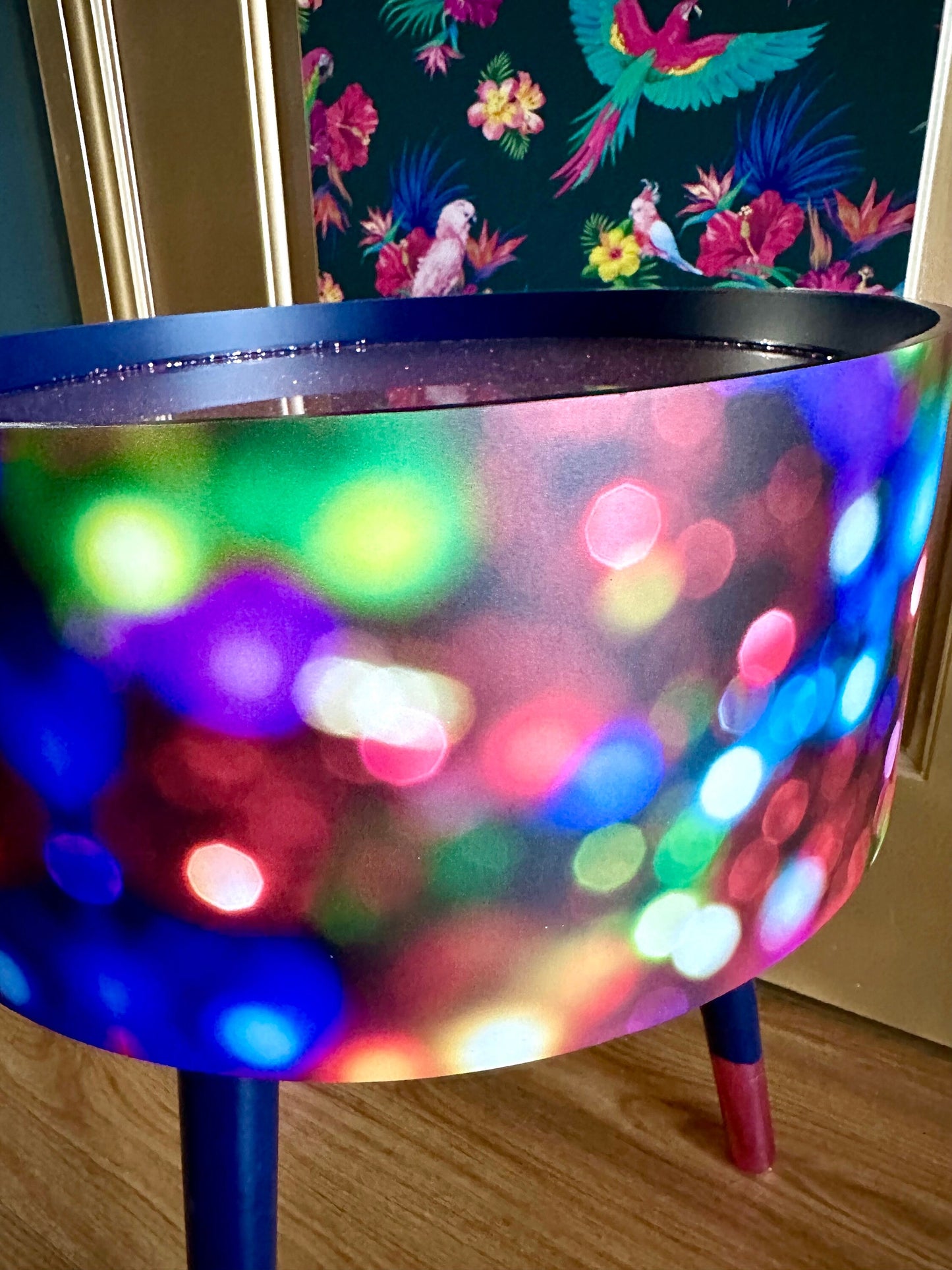 Christmas - Vintage Christmas lights round side table , multicoloured , pink, blue and green design with jewel colours. Nightstand. Hanukkah end table