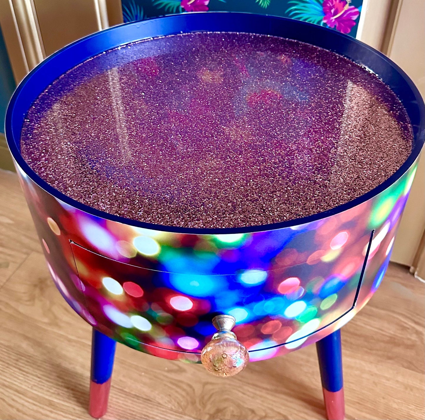 Christmas - Vintage Christmas lights round side table , multicoloured , pink, blue and green design with jewel colours. Nightstand. Hanukkah end table