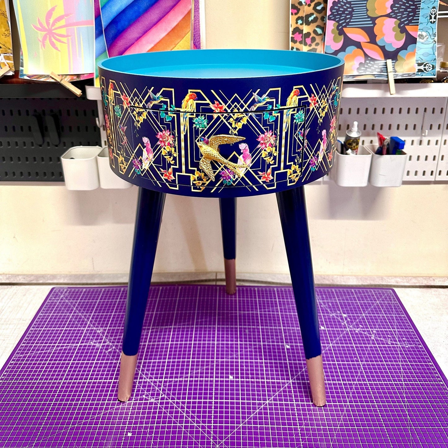 Art Deco Birds - Navy blue, bedside table,  gold and pink bird design. Bedroom nightstand, colourful bedside end table. Taller legs with drawer