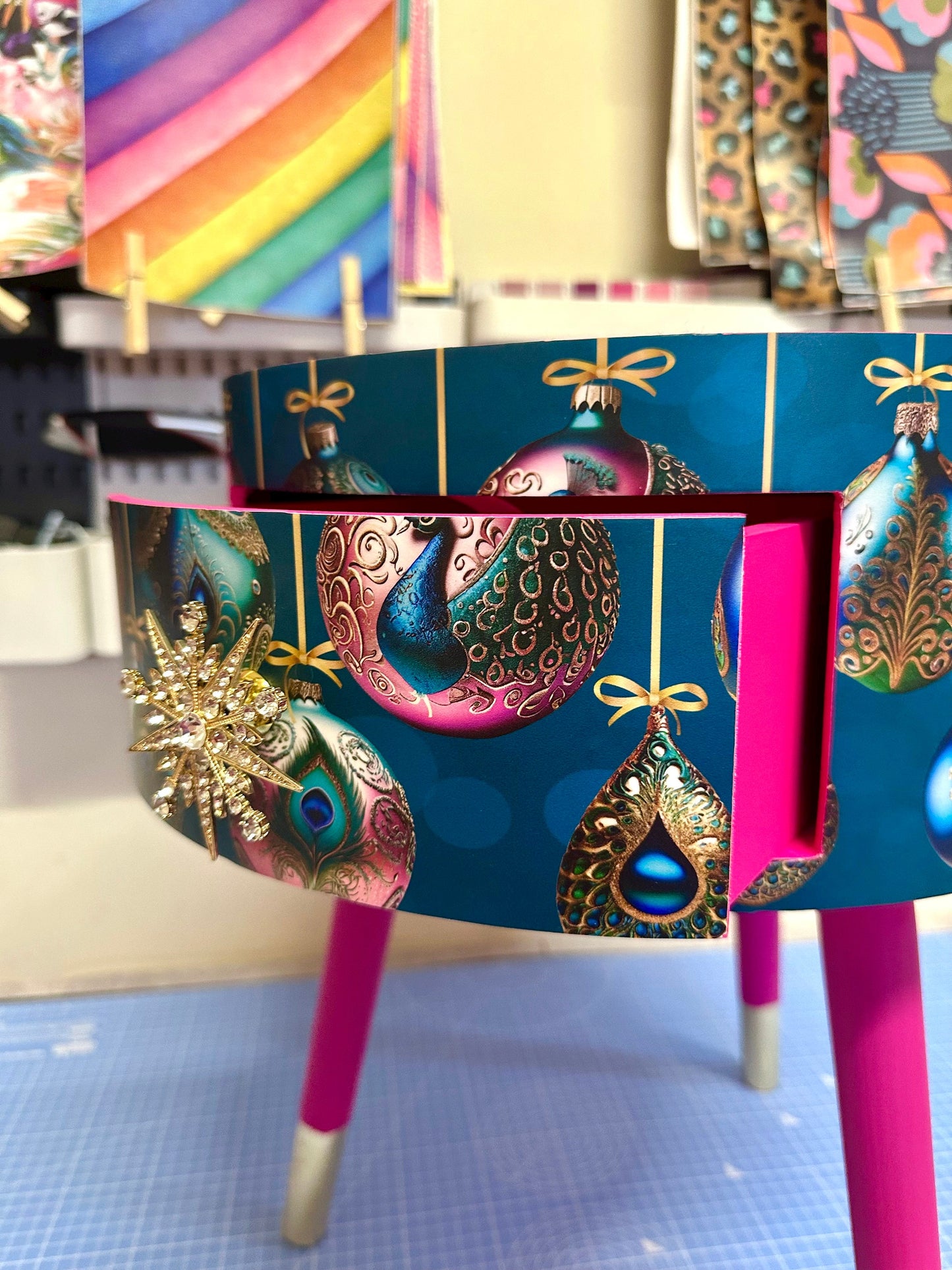 Christmas - Hot pink and glitter Christmas round side table , teal emerald green peacock design with jewel colours.   Nightstand. Hanukkah end table