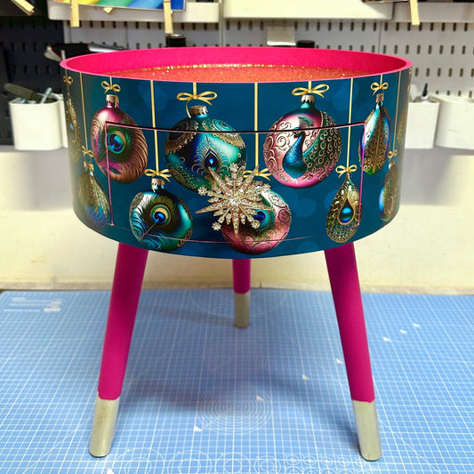 Christmas - Hot pink and glitter Christmas round side table , teal emerald green peacock design with jewel colours.   Nightstand. Hanukkah end table