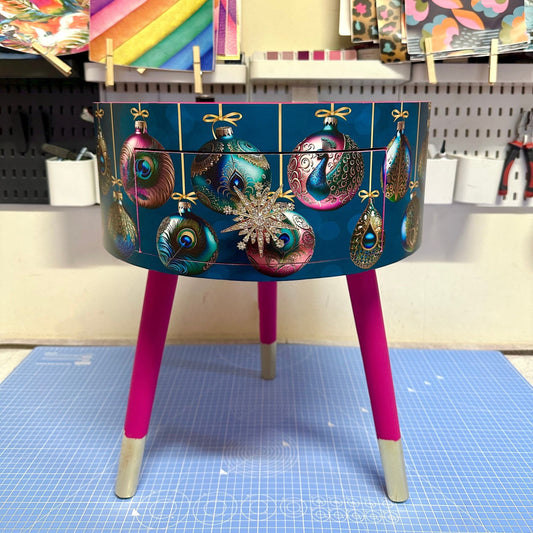 Christmas - Hot pink and glitter Christmas round side table , teal emerald green peacock design with jewel colours.   Nightstand. Hanukkah end table