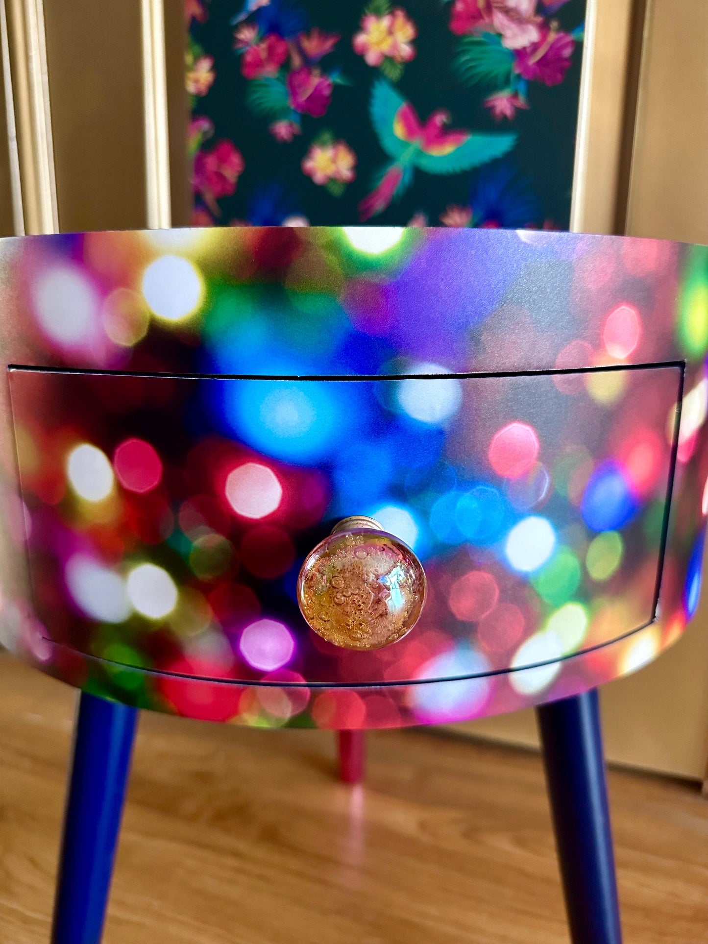 Christmas - Vintage Christmas lights round side table , multicoloured , pink, blue and green design with jewel colours. Nightstand. Hanukkah end table