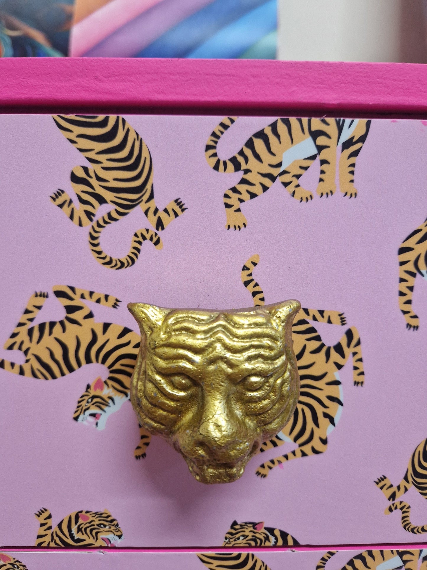 Pink Tiger square bedside table, two drawers, ideal nightstand. Flamingo and baby pink with gold. Customisable