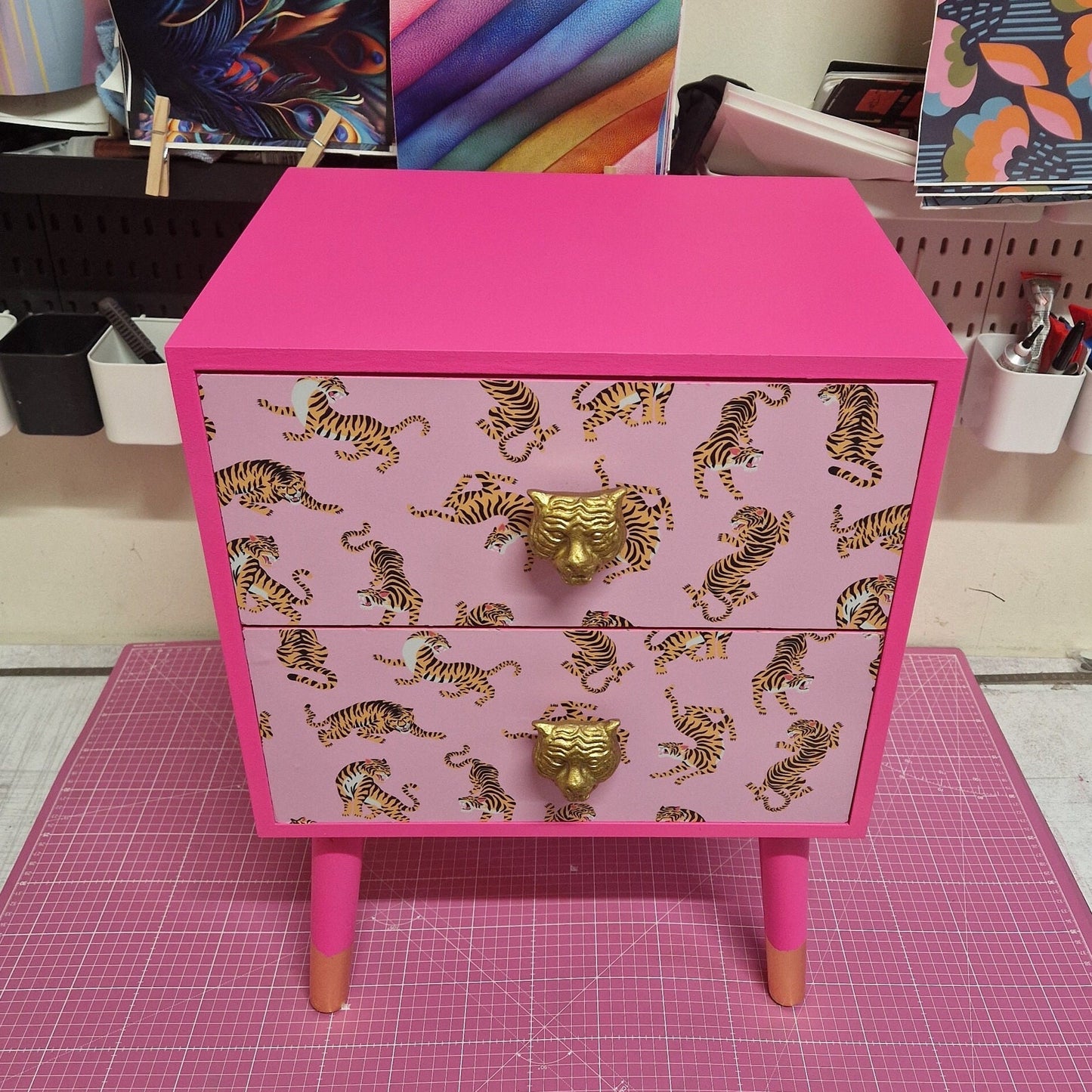 Pink Tiger square bedside table, two drawers, ideal nightstand. Flamingo and baby pink with gold. Customisable