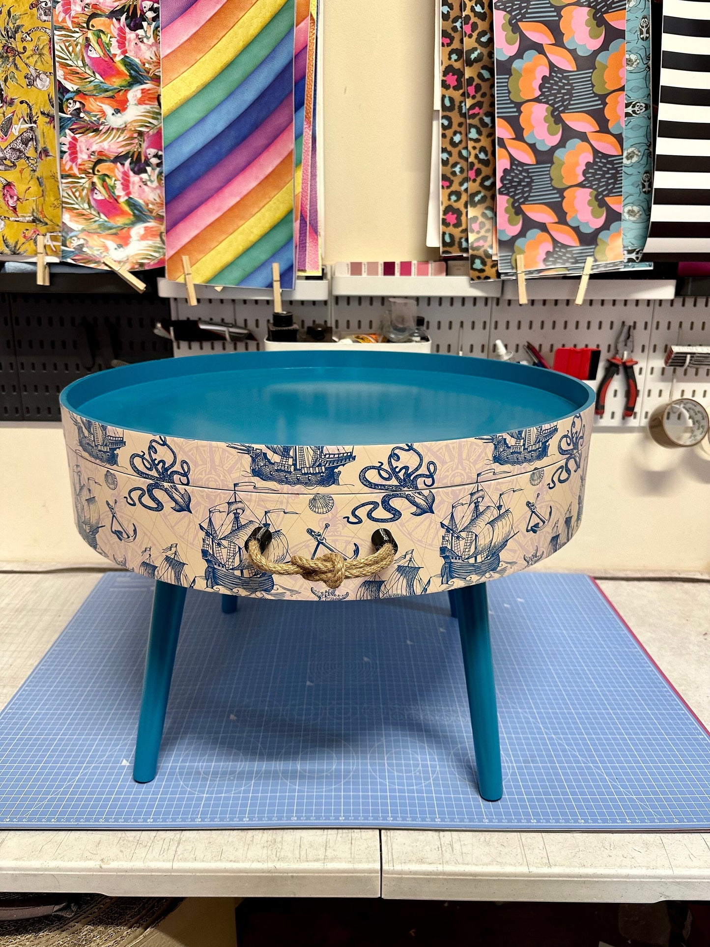 Round coffee table , Nautical sea design, blue, teal and cream. Boat decor. Round table, lift off top with storage . End table lounge