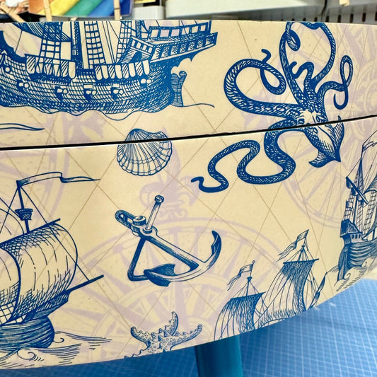 Round coffee table , Nautical sea design, blue, teal and cream. Boat decor. Round table, lift off top with storage . End table lounge