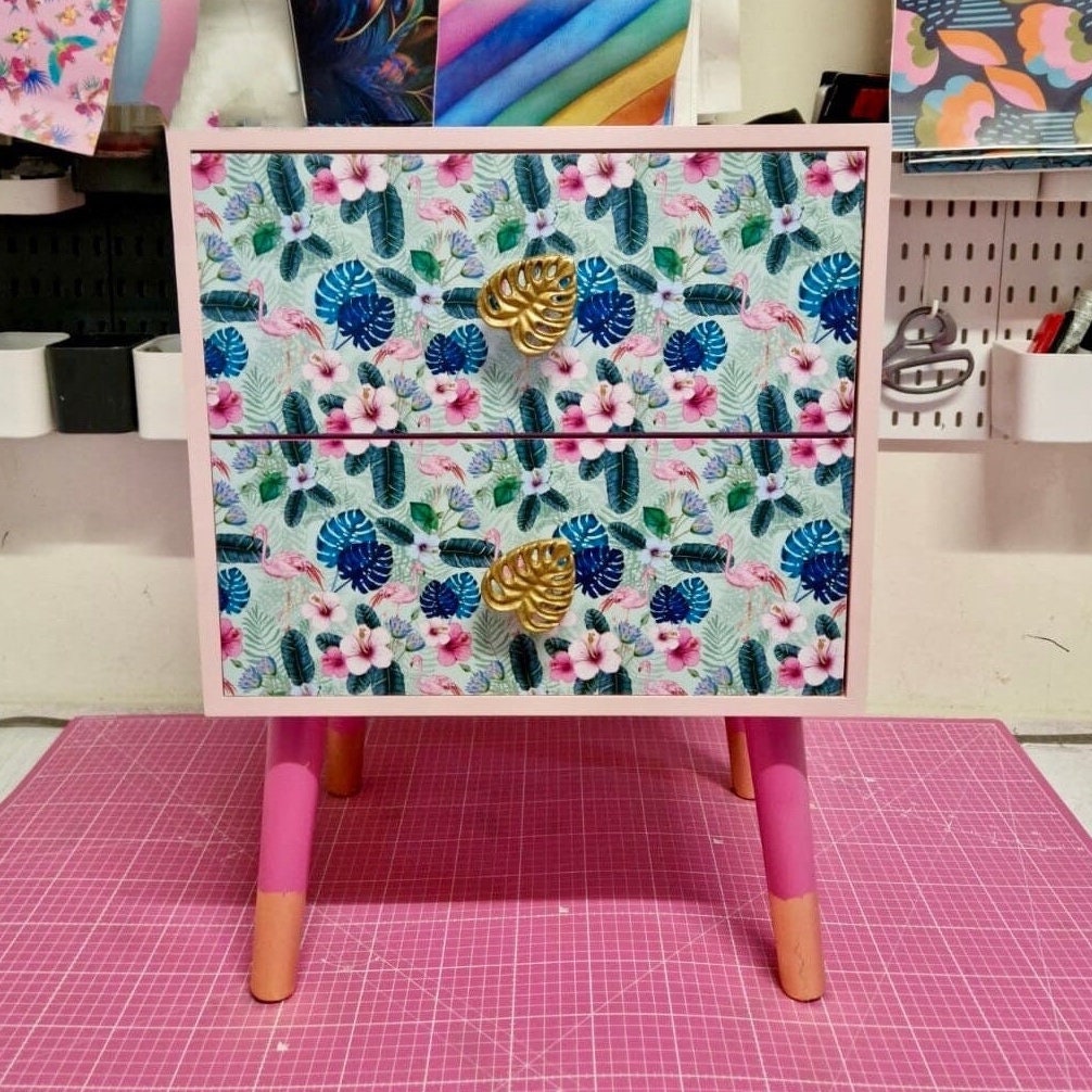 Light and dark pink mint flamingo square bedside table, two drawers, ideal nightstand. Flamingo and baby pink with gold. Customisable