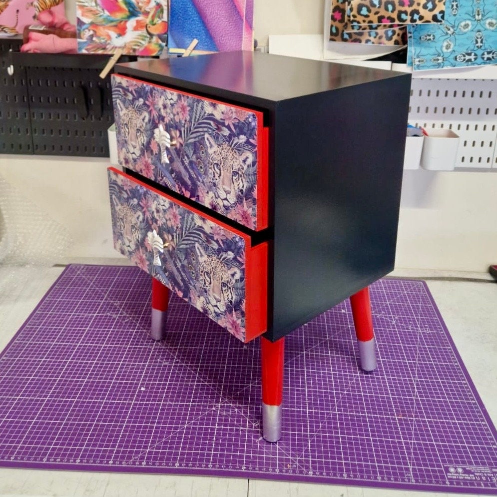 Navy blue and red square bedside table, two drawers, ideal nightstand. Leopard and floral design with silver. Customisable