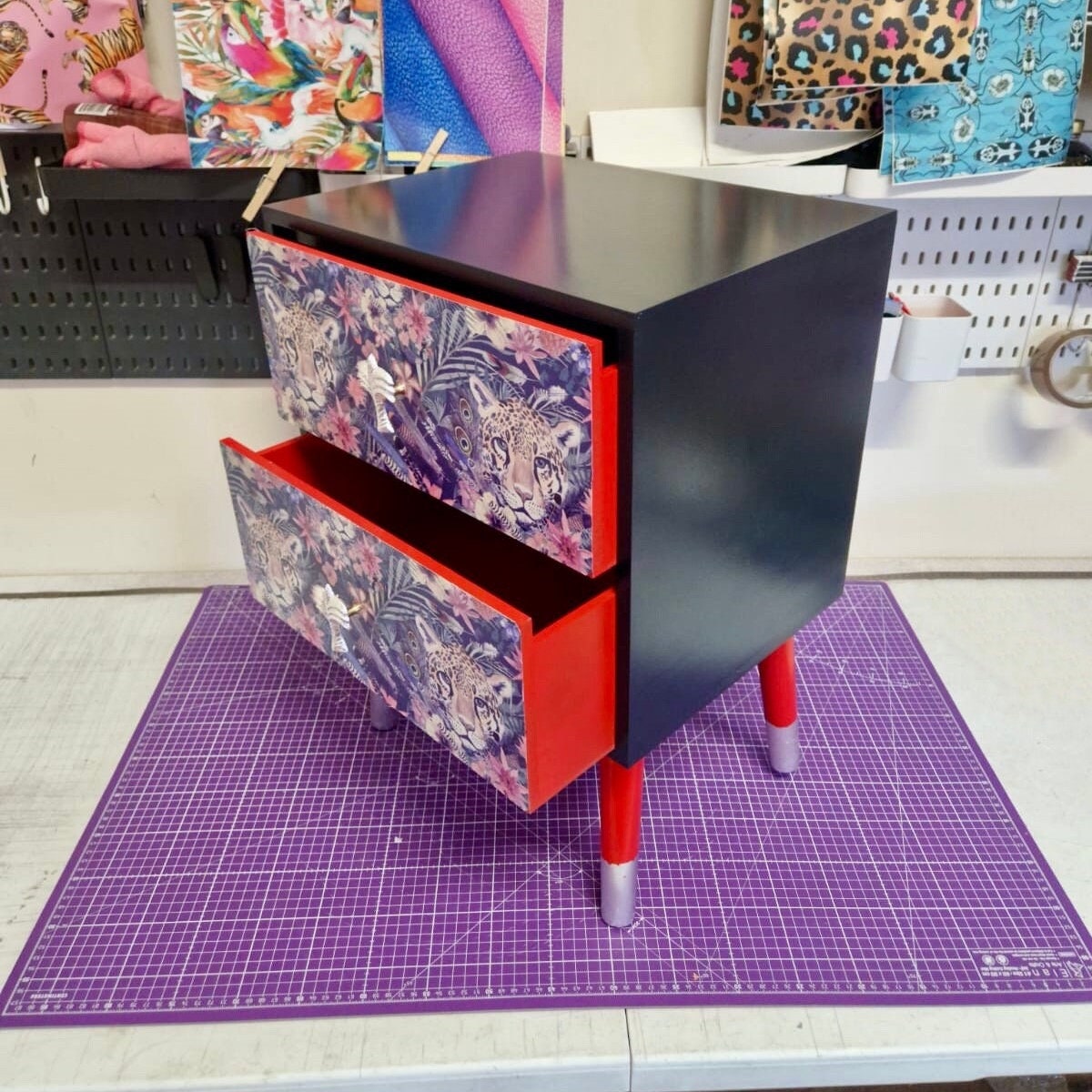 Navy blue and red square bedside table, two drawers, ideal nightstand. Leopard and floral design with silver. Customisable