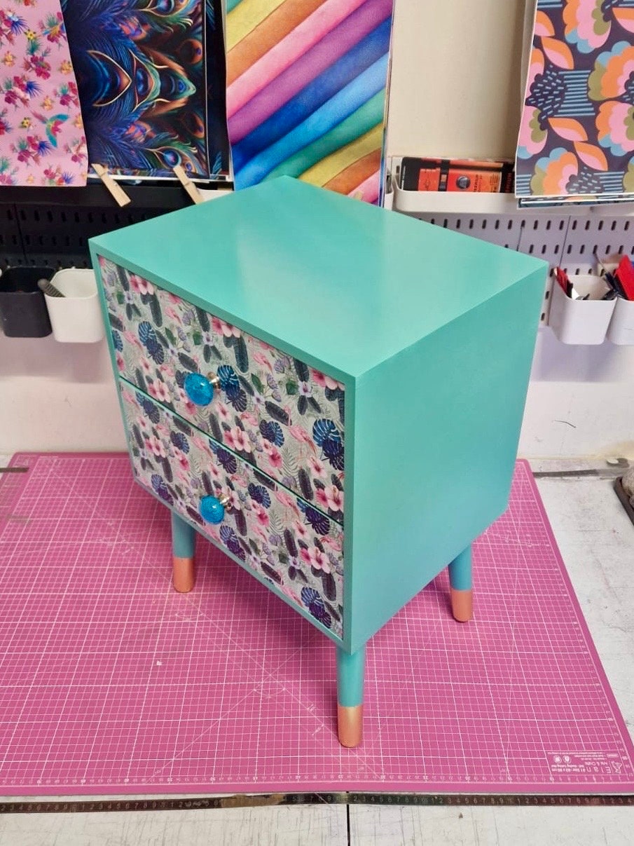 Mint and blue  flamingo square bedside table, two drawers, ideal nightstand. Flamingo and tropical leaf design pink with gold. Customisable