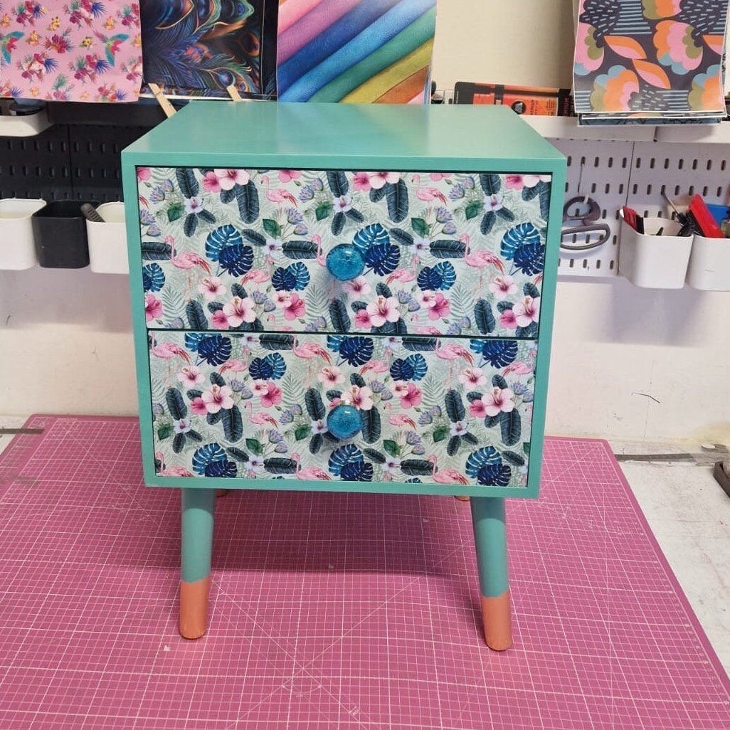 Mint and blue  flamingo square bedside table, two drawers, ideal nightstand. Flamingo and tropical leaf design pink with gold. Customisable
