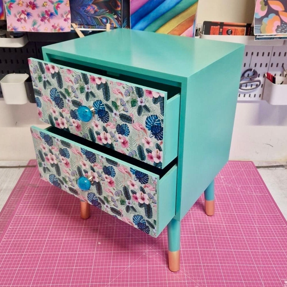 Mint and blue  flamingo square bedside table, two drawers, ideal nightstand. Flamingo and tropical leaf design pink with gold. Customisable