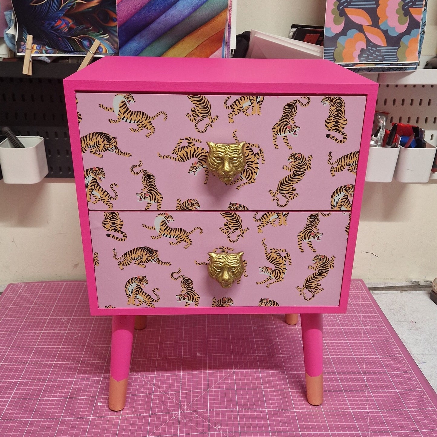 Pink Tiger square bedside table, two drawers, ideal nightstand. Flamingo and baby pink with gold. Customisable