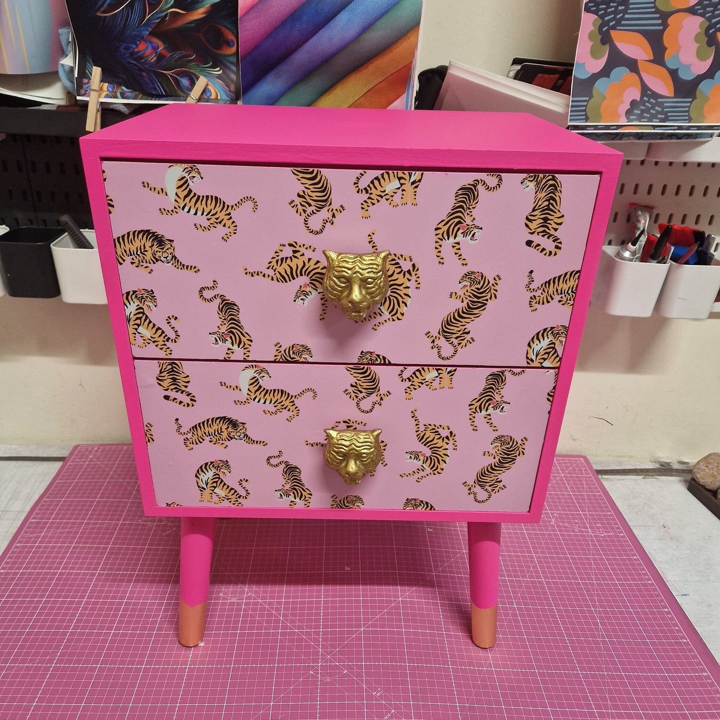 Pink Tiger square bedside table, two drawers, ideal nightstand. Flamingo and baby pink with gold. Customisable