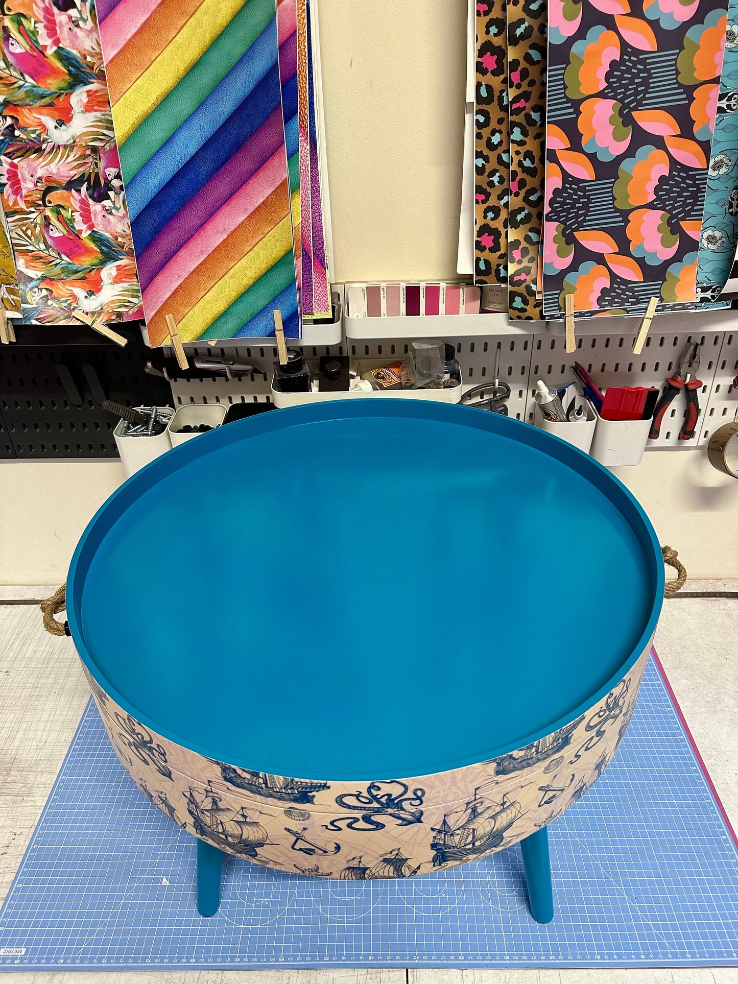 Round coffee table , Nautical sea design, blue, teal and cream. Boat decor. Round table, lift off top with storage . End table lounge