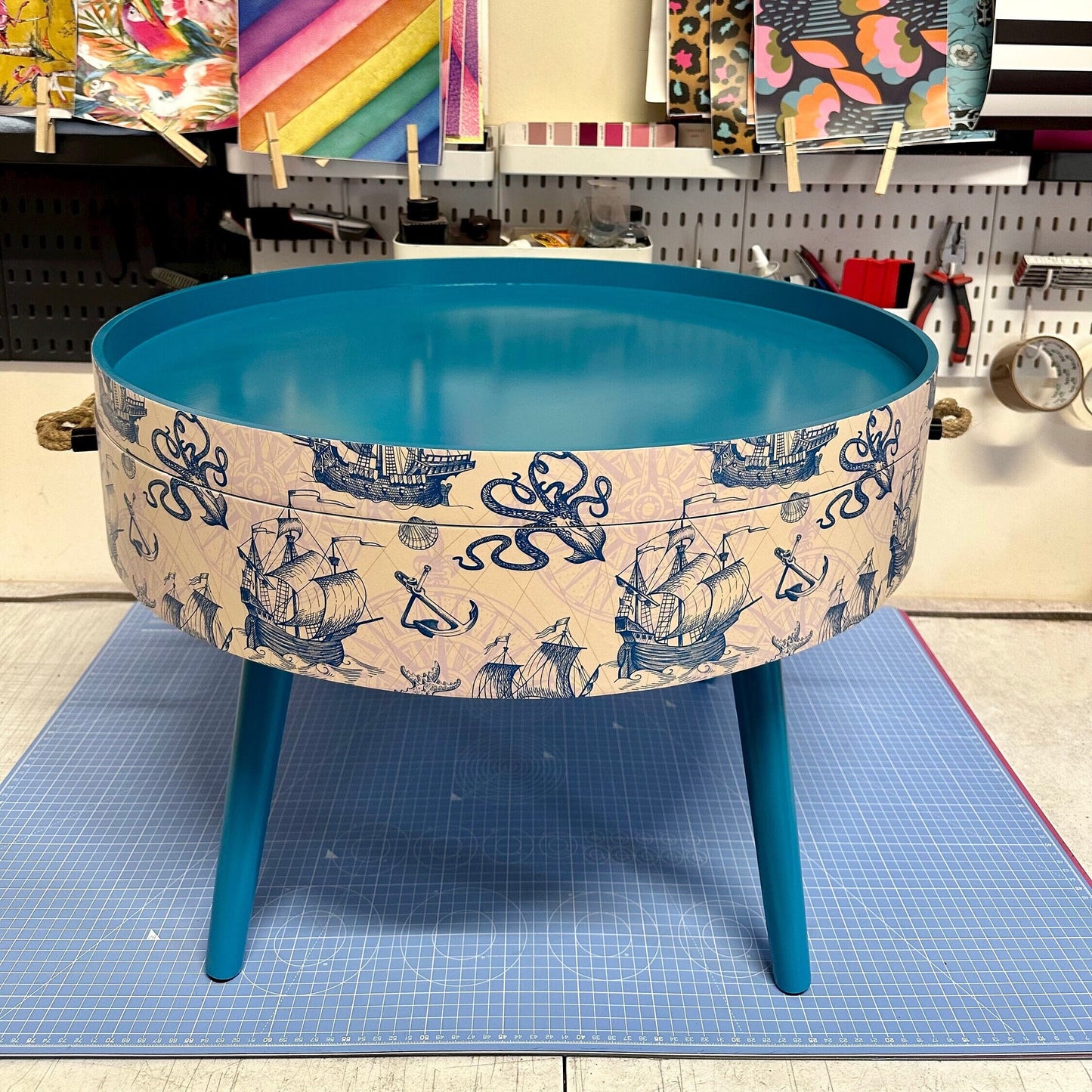 Round coffee table , Nautical sea design, blue, teal and cream. Boat decor. Round table, lift off top with storage . End table lounge