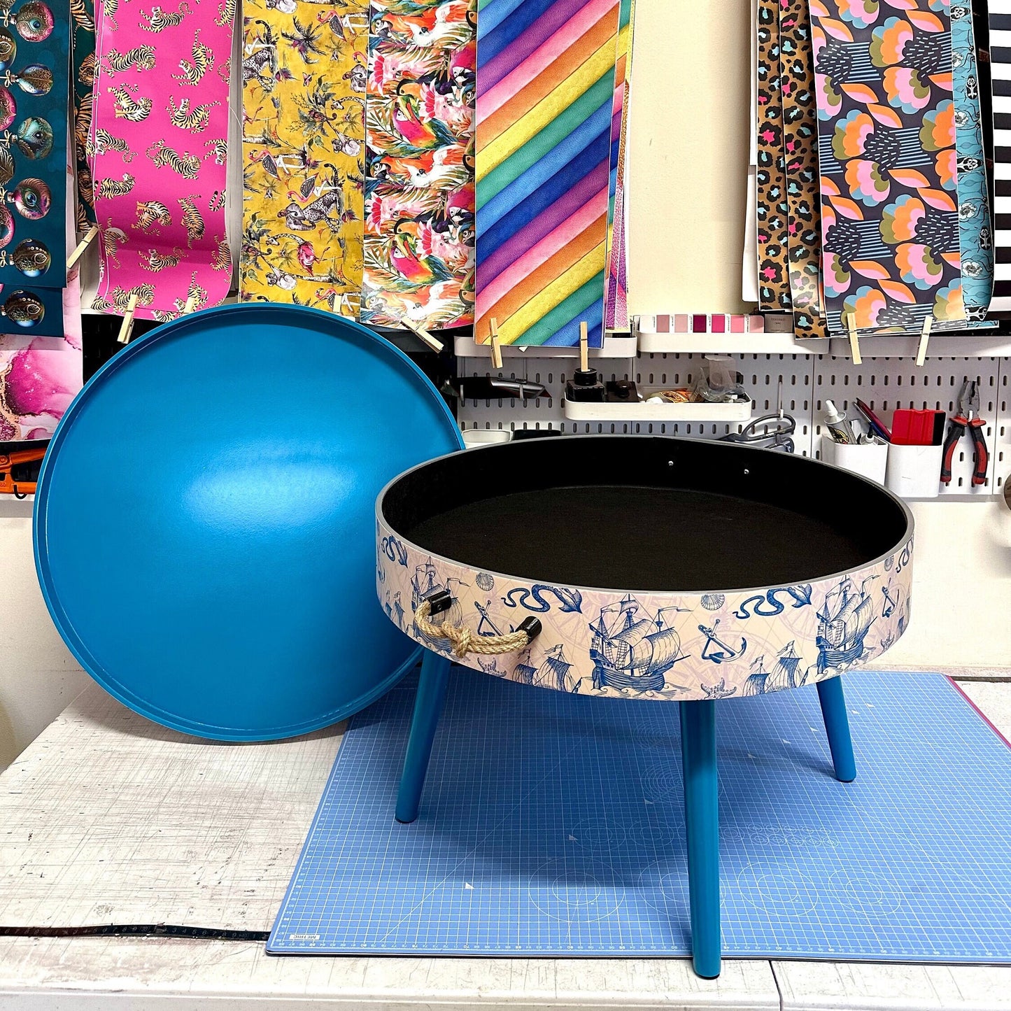 Round coffee table , Nautical sea design, blue, teal and cream. Boat decor. Round table, lift off top with storage . End table lounge