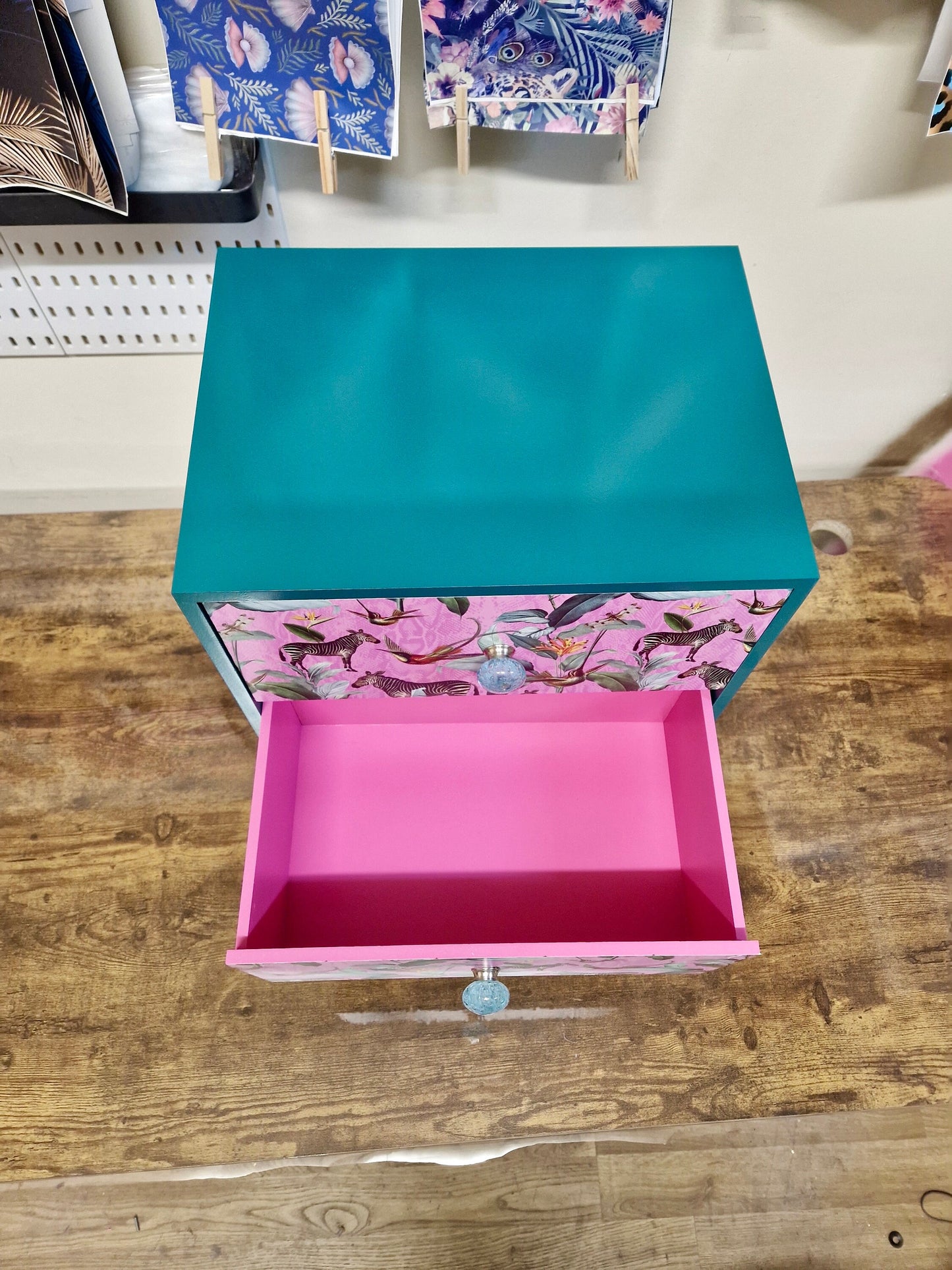 Pine teal green & flamingo pink square bedside table, two drawers, ideal nightstand. Zebra and tropical leaf design. Customisable end table