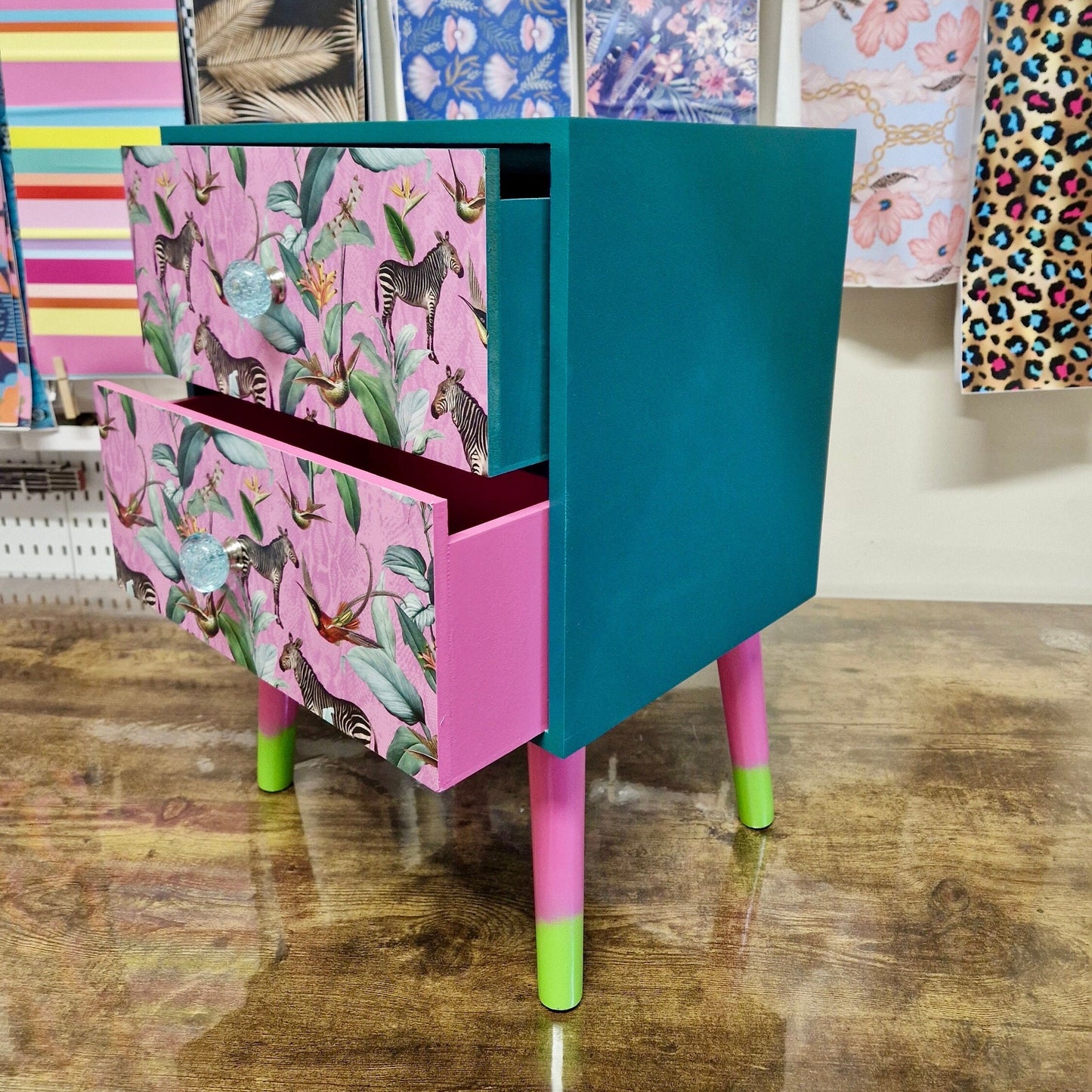 Pine teal green & flamingo pink square bedside table, two drawers, ideal nightstand. Zebra and tropical leaf design. Customisable end table