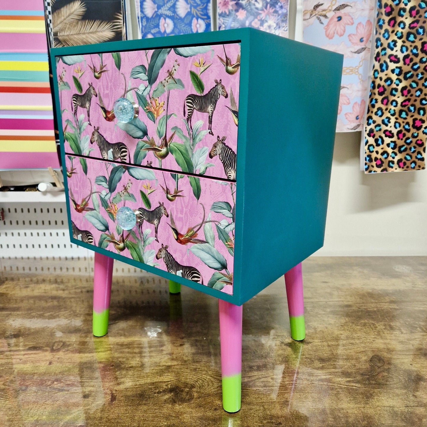 Pine teal green & flamingo pink square bedside table, two drawers, ideal nightstand. Zebra and tropical leaf design. Customisable end table