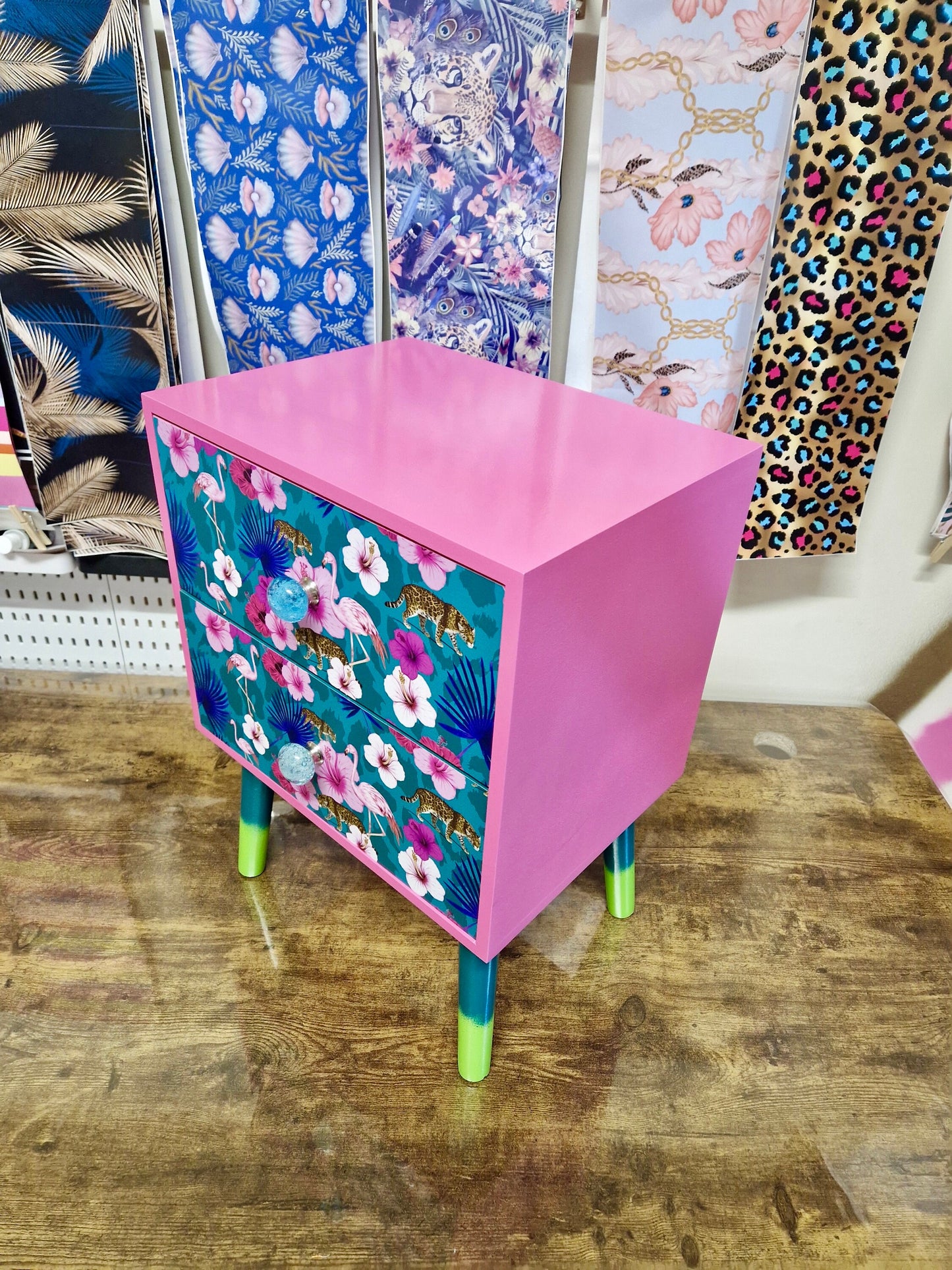 Light Pink and teal nightstand. Flamingo, flower and tropical leaf design bedside table. Customisable end table