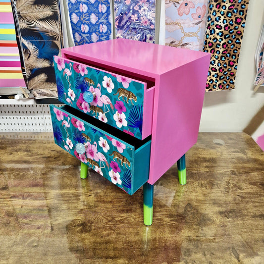 Light Pink and teal nightstand. Flamingo, flower and tropical leaf design bedside table. Customisable end table