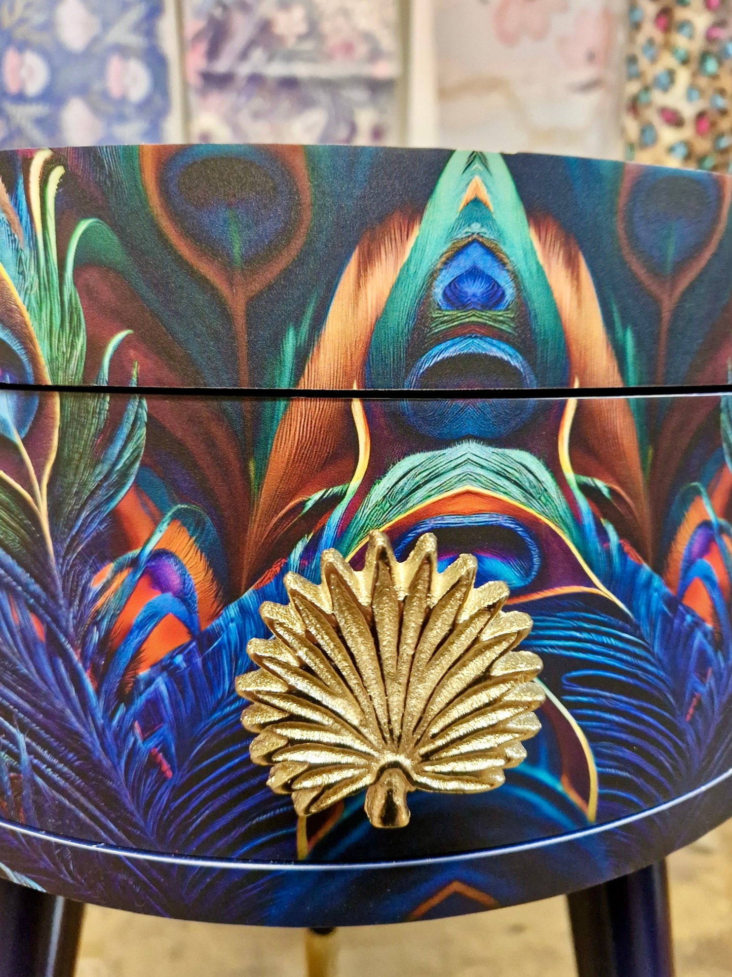 Peacock - Gold side table, blue, green and teal jewel colours, opulent nightstand, gold and navy bedside table, round small table