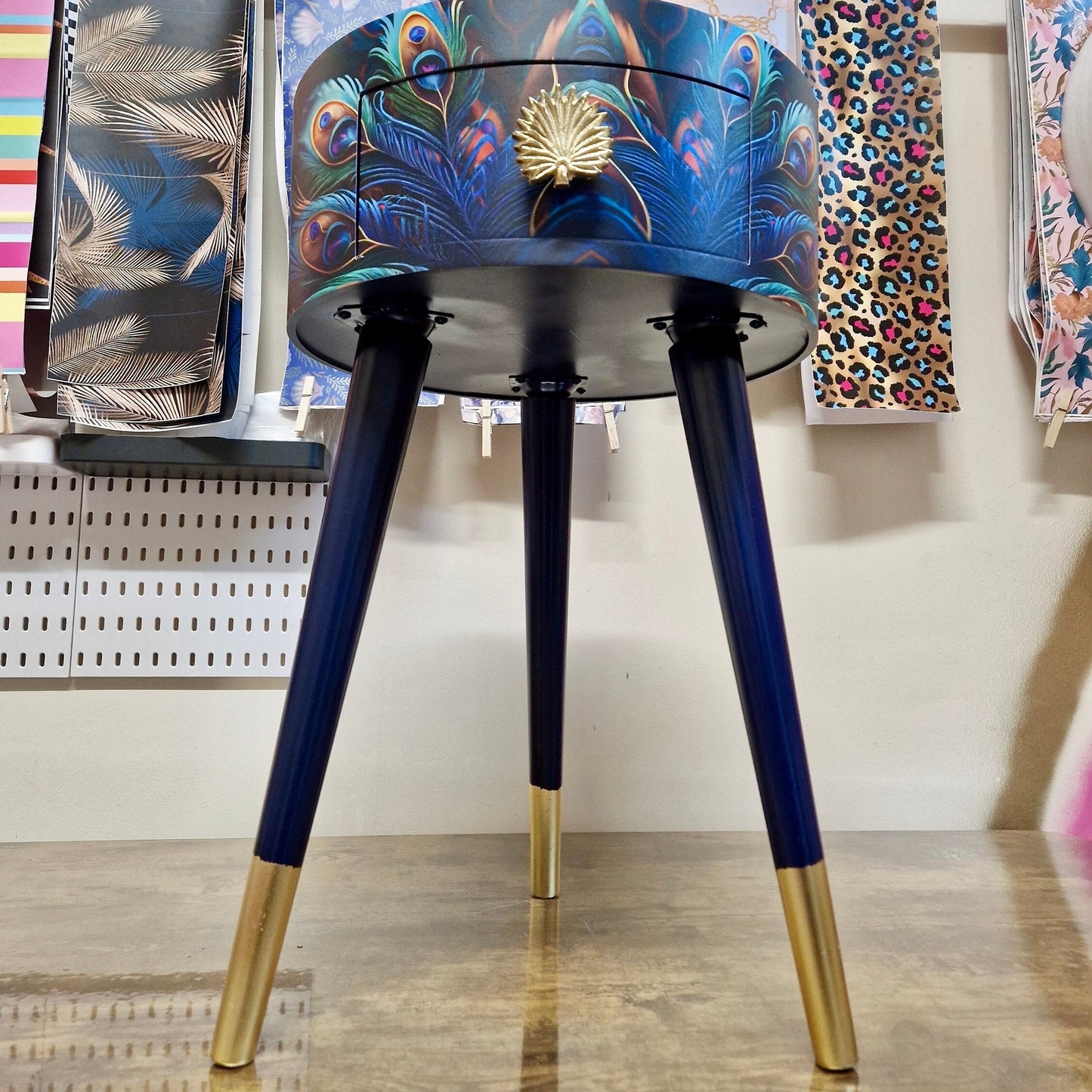 Peacock - Gold side table, blue, green and teal jewel colours, opulent nightstand, gold and navy bedside table, round small table