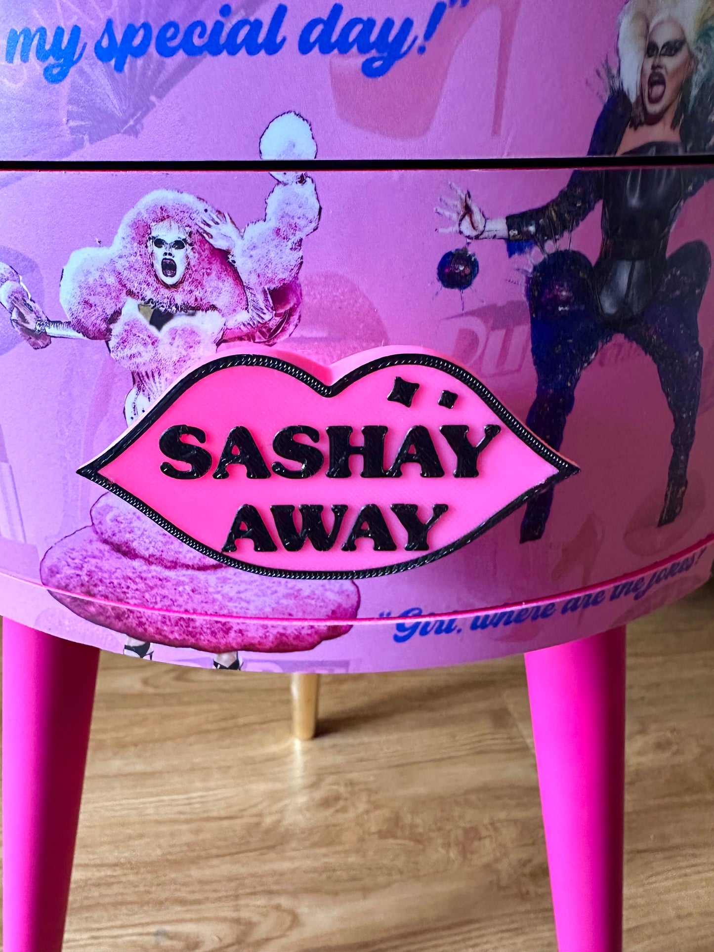 Hot Pink drag race bedside table glitter top . Fun Bright Home Decor . Ideal for Nightstand or side table. RuPaul drag race merchandise