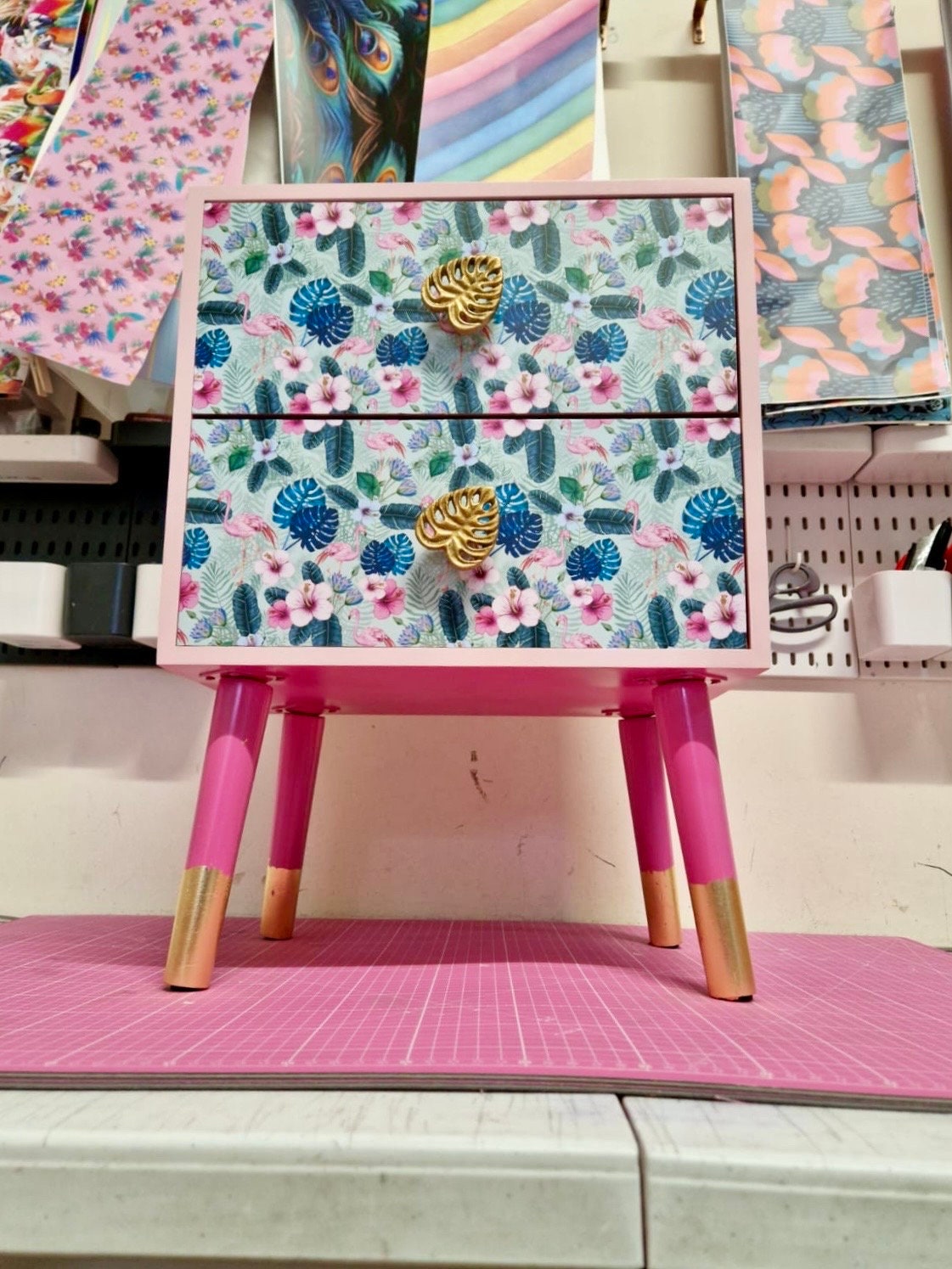 Light and dark pink mint flamingo square bedside table, two drawers, ideal nightstand. Flamingo and baby pink with gold. Customisable