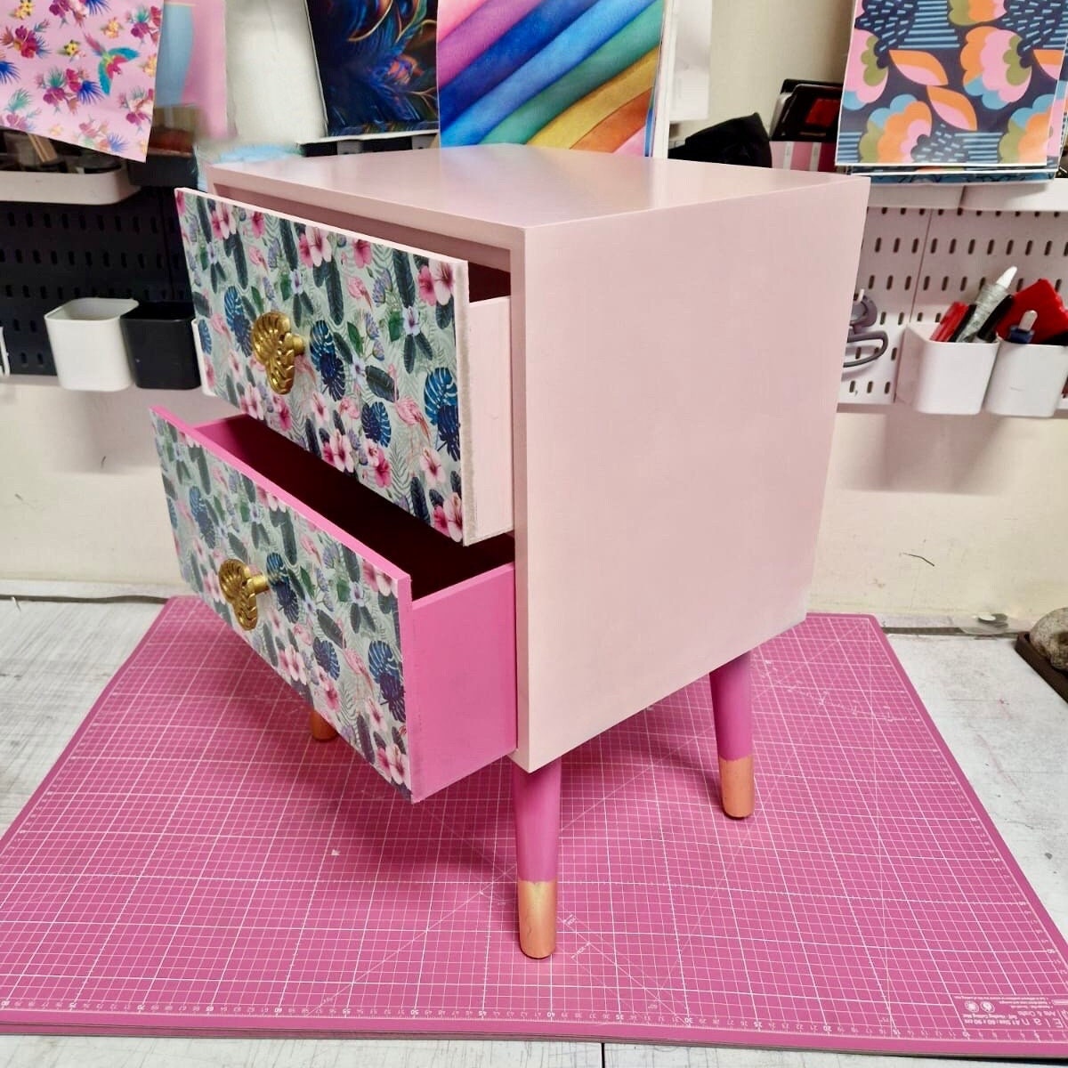Light and dark pink mint flamingo square bedside table, two drawers, ideal nightstand. Flamingo and baby pink with gold. Customisable