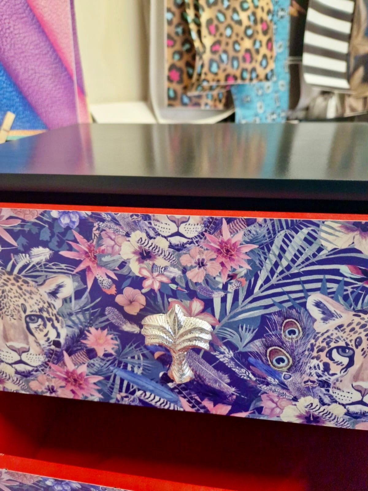 Navy blue and red square bedside table, two drawers, ideal nightstand. Leopard and floral design with silver. Customisable