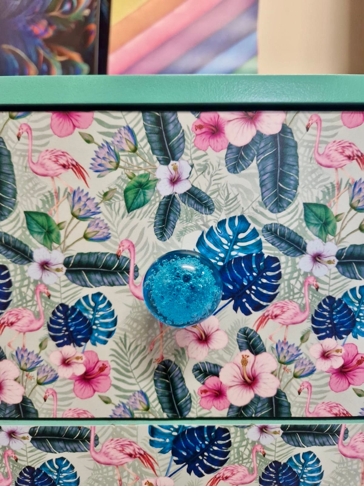 Mint and blue  flamingo square bedside table, two drawers, ideal nightstand. Flamingo and tropical leaf design pink with gold. Customisable