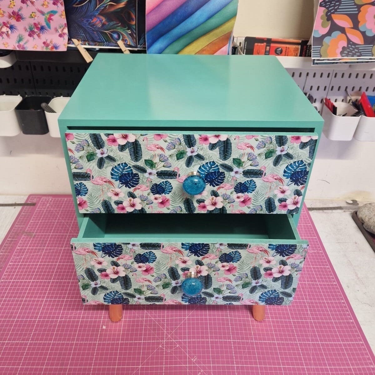Mint and blue  flamingo square bedside table, two drawers, ideal nightstand. Flamingo and tropical leaf design pink with gold. Customisable