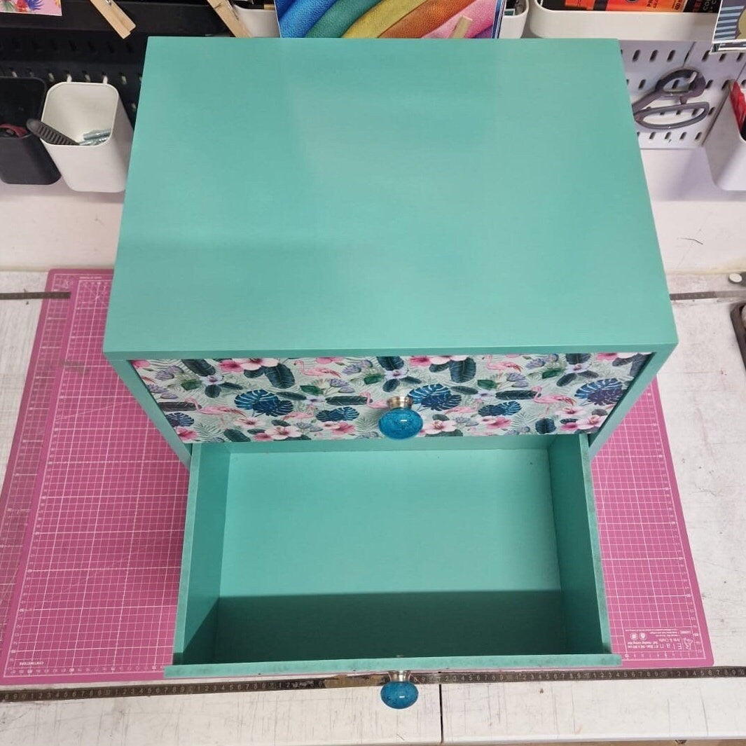 Mint and blue  flamingo square bedside table, two drawers, ideal nightstand. Flamingo and tropical leaf design pink with gold. Customisable